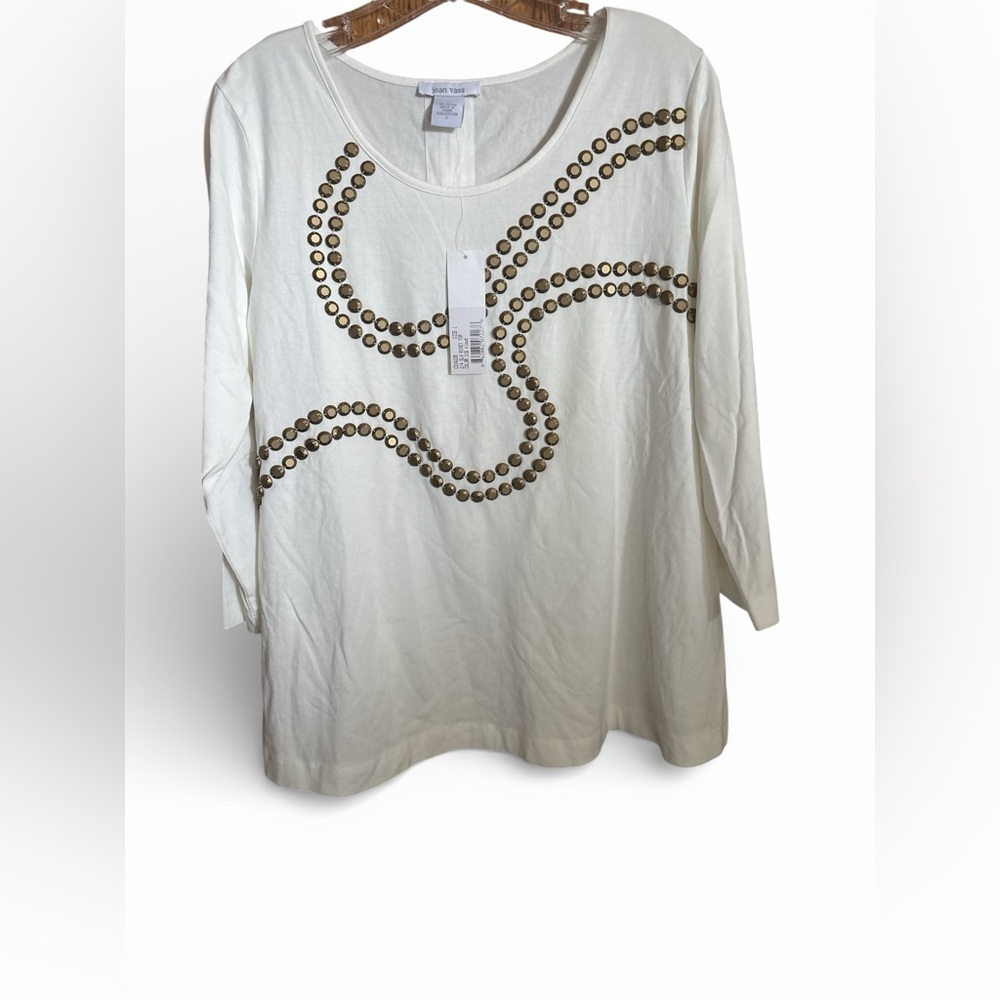 Joan Vass Cream Long Sleeve Top with Gold Studs ,Rivet top Fresco